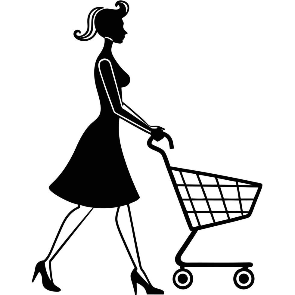 Black silhouette of woman pushing shopping cart stylish design template vector