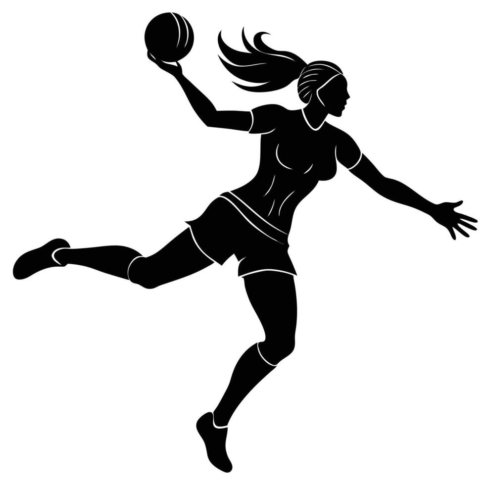 Black silhouette of a woman handball player throwing the ball in mid air pose vector