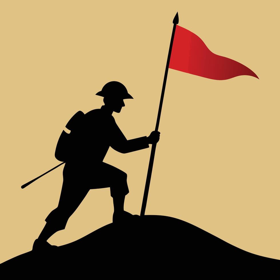 Soldier silhouette ascending hill with red flag symbolizing victory and perseverance vector