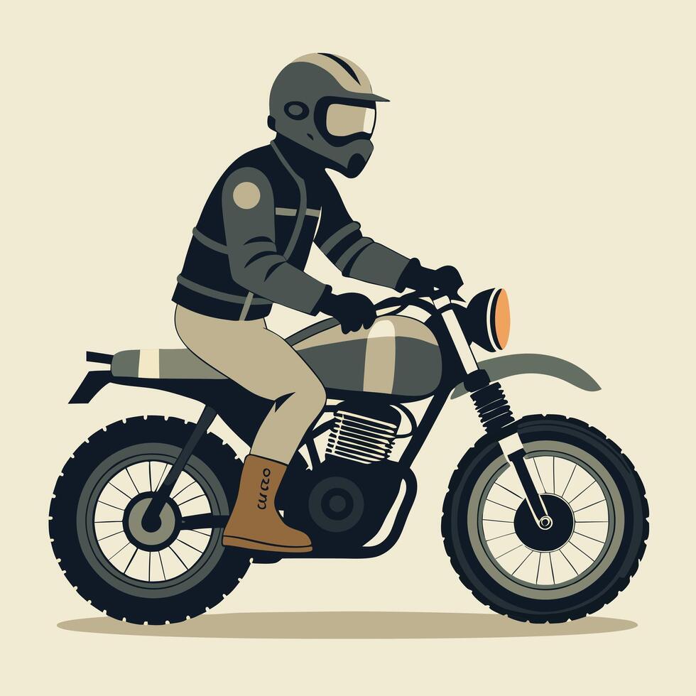 Retro adventure motorbike illustration with rider wearing helmet and boots art vector