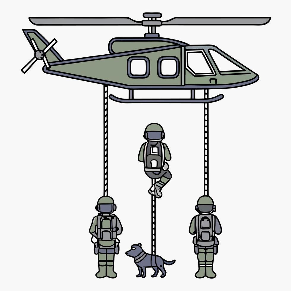 Military rescue team rappelling from helicopter with dog illustration on white background vector