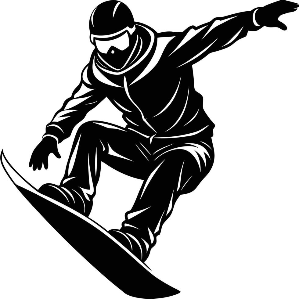 Black and white illustration of snowboarder performing a trick on the slope vector