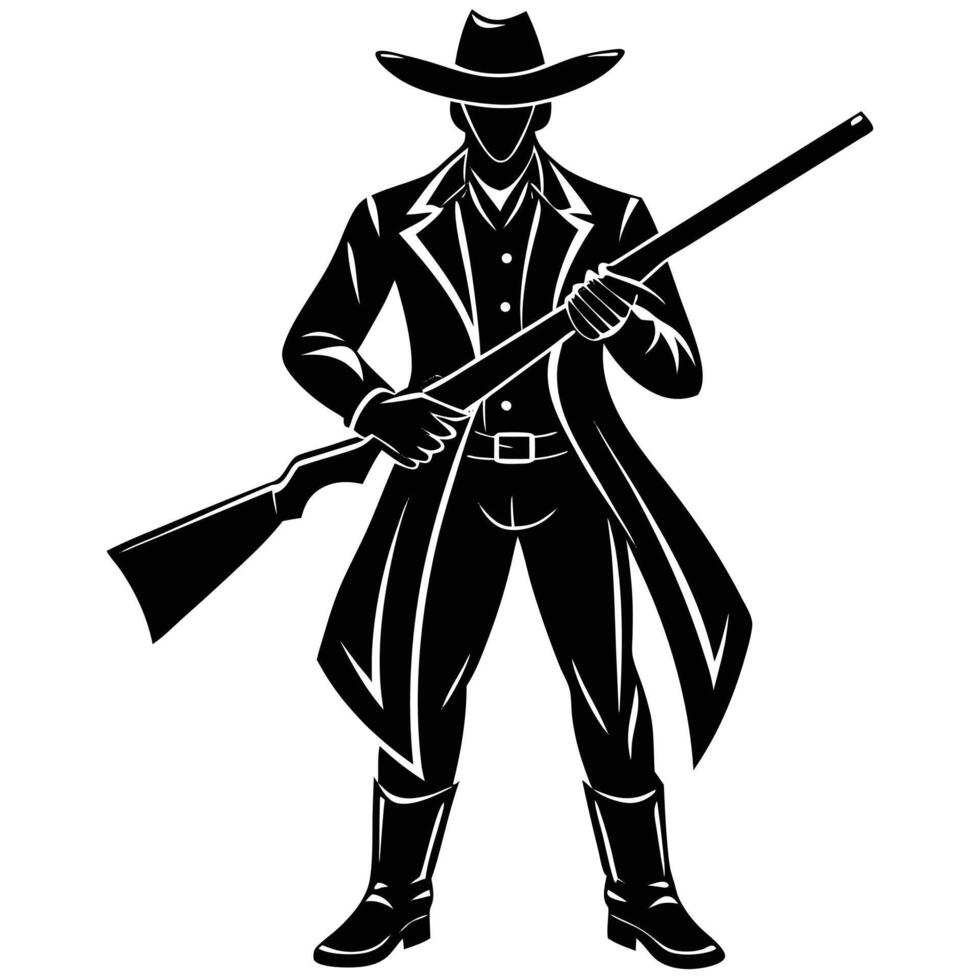 Stylized cowboy silhouette holding rifle black and white western character illustration vector