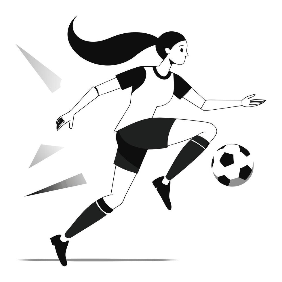 Female soccer player kicking a ball in monochrome action illustration design vector