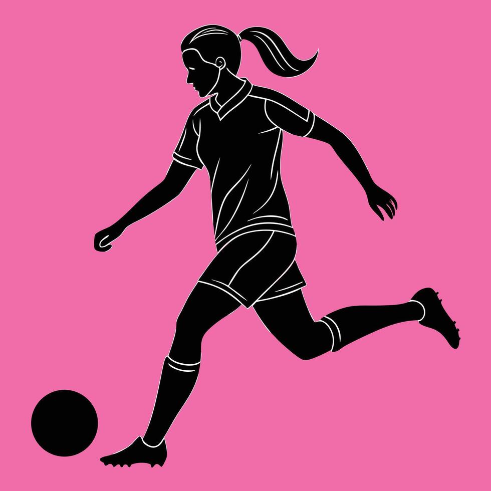 Silhouette of a female soccer player kicking a ball on a pink background vector
