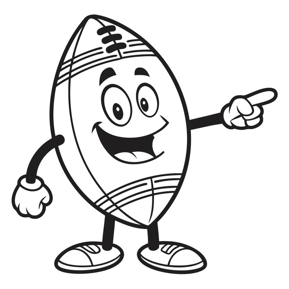 Cartoon american football character smiling and pointing in black and white outline vector