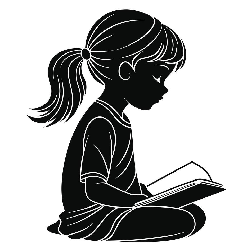 Silhouette illustration of a young girl reading a book while sitting down vector