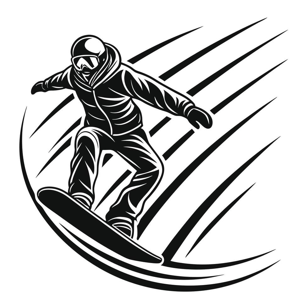 Monochromatic illustration of a snowboarder in action with dynamic speed lines graphic vector