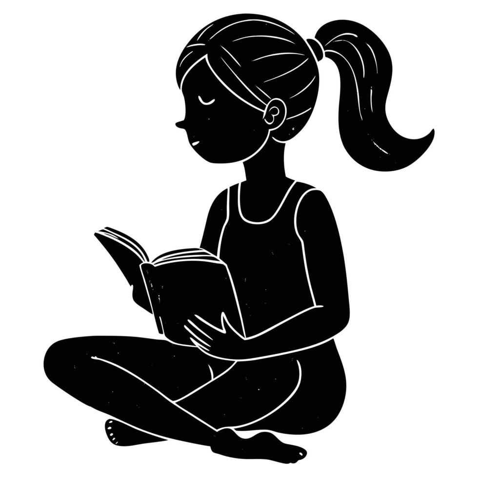 Illustration of a girl reading book sitting cross legged in monochrome style vector