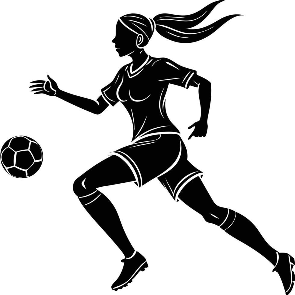 Silhouette of female soccer player running with ball in black and white illustration vector