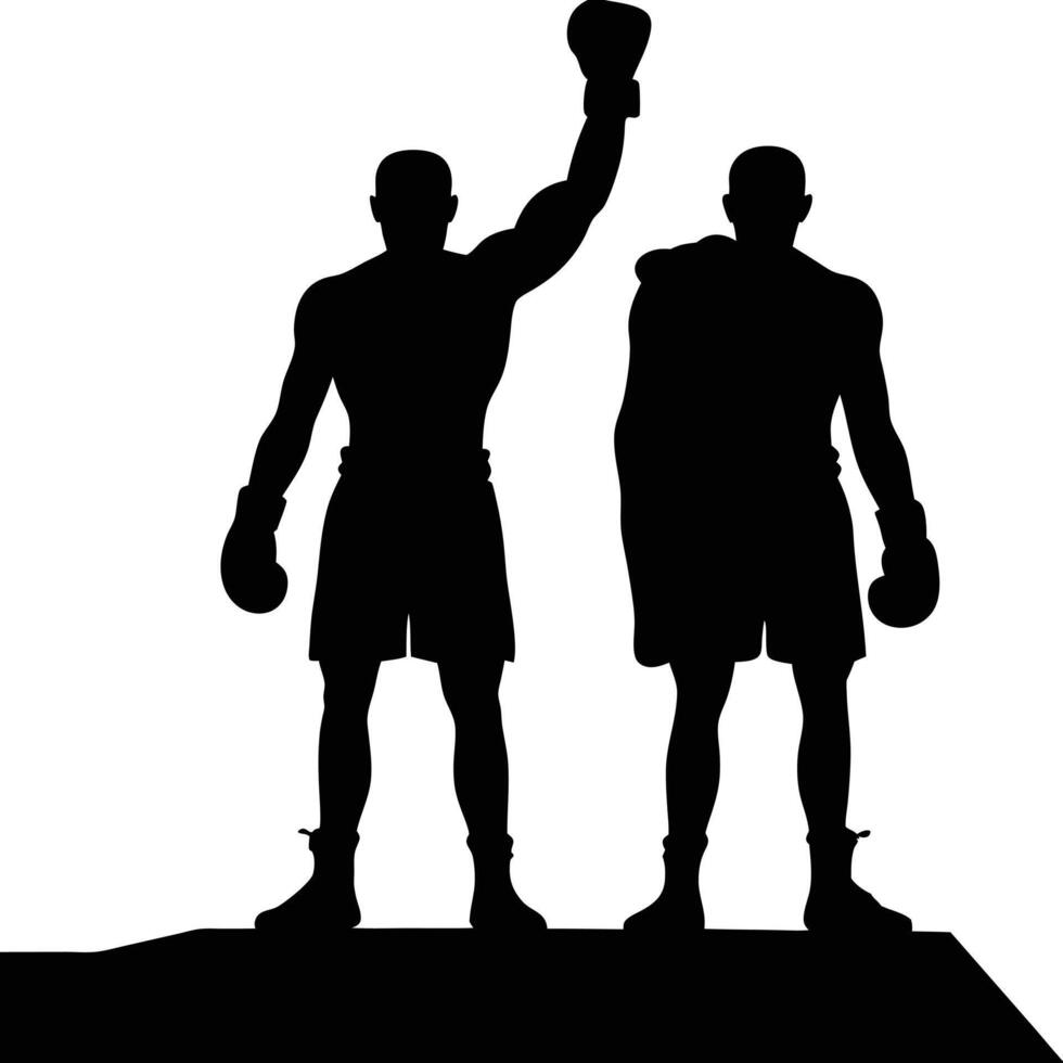 Boxing victory silhouette champion celebrates with trainer or friend on stage vector