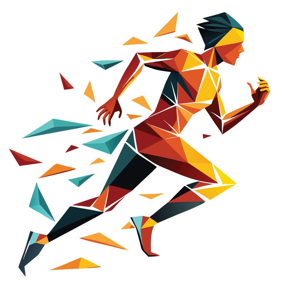 Abstract geometric runner illustration with triangle shapes in motion on a white background vector