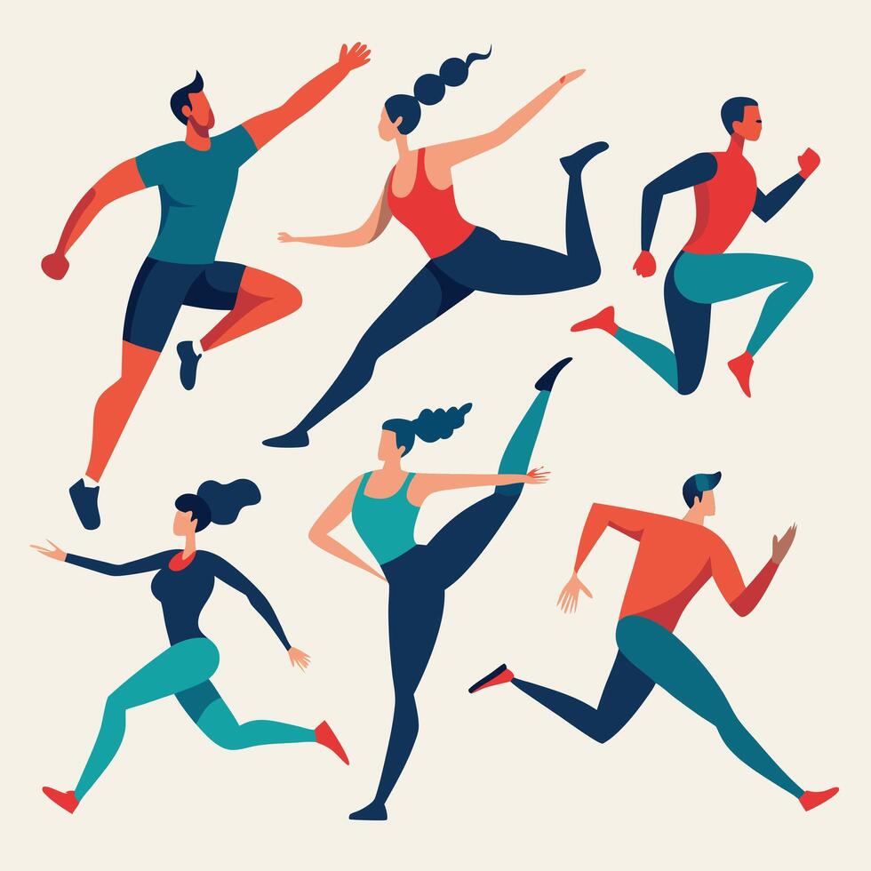 Group of athletic people in dynamic poses promoting healthy lifestyle and fitness vector