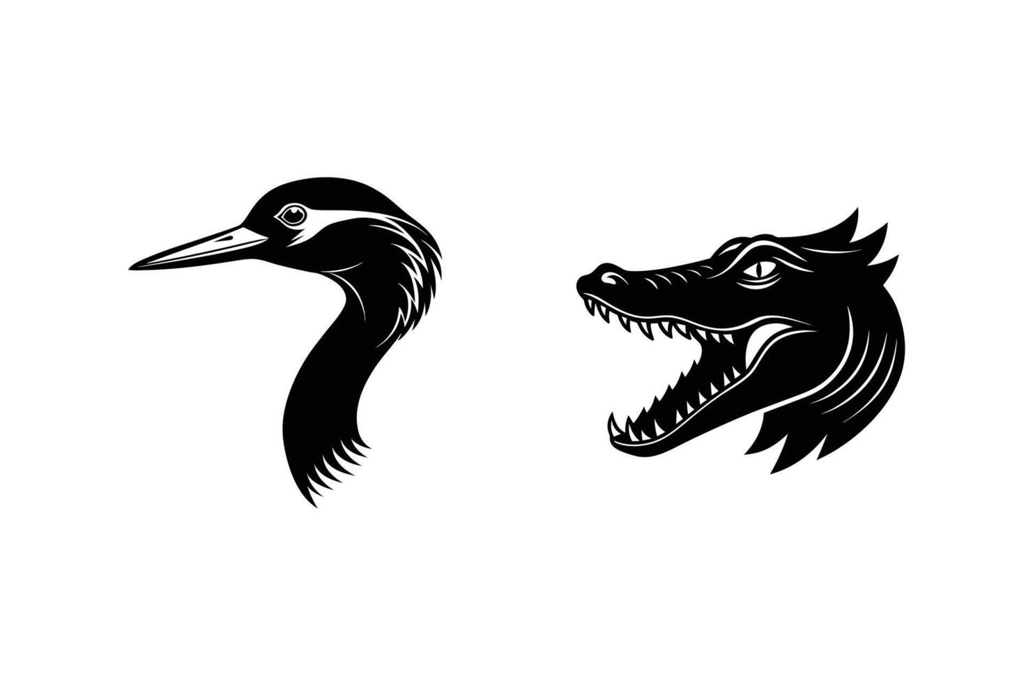 Black bird and crocodile head in side view illustration simple illustration vector