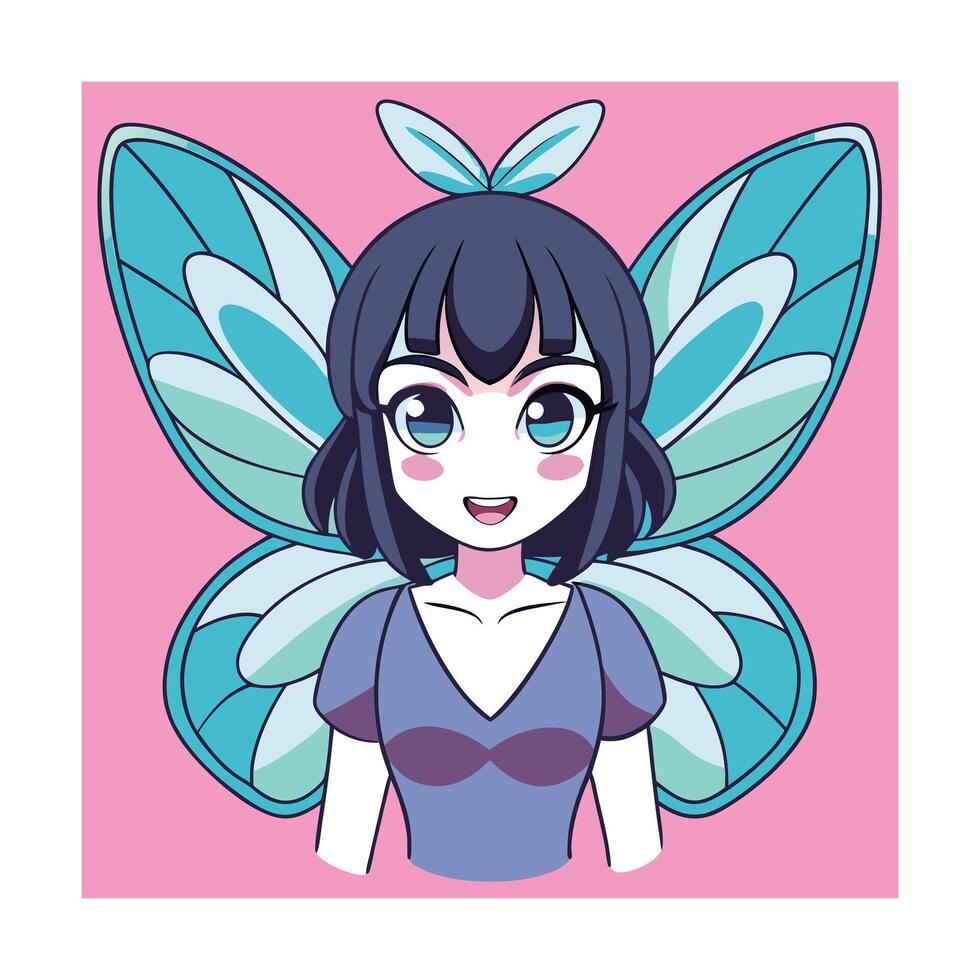 Cute anime fairy girl with butterfly wings kawaii style vector