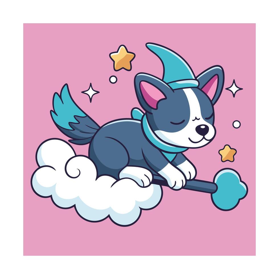 Cute witch dog flying on a cloud with stars kawaii vector