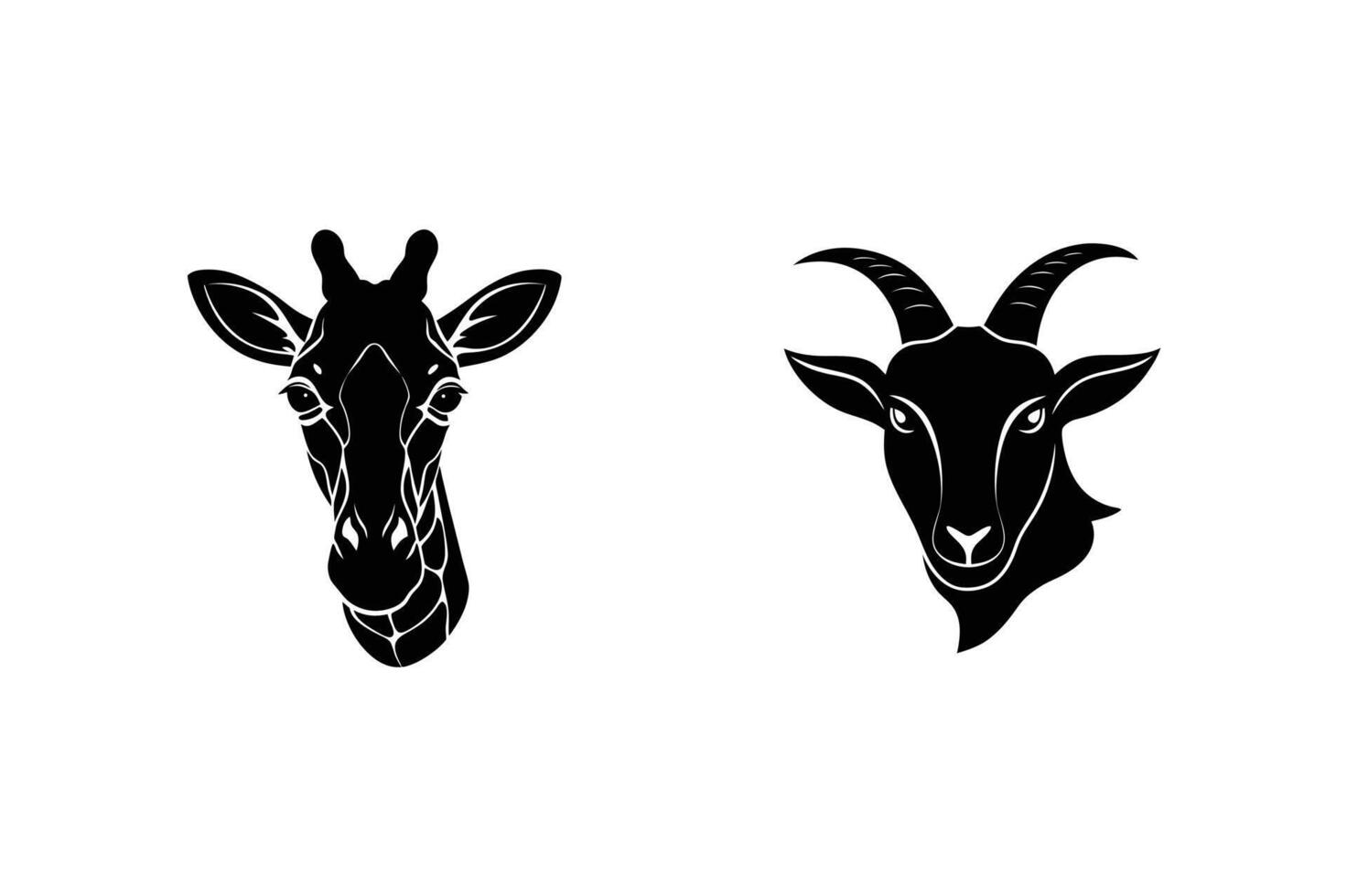 Black and white graphic illustration of giraffe and goat heads silhouette minimalist style vector