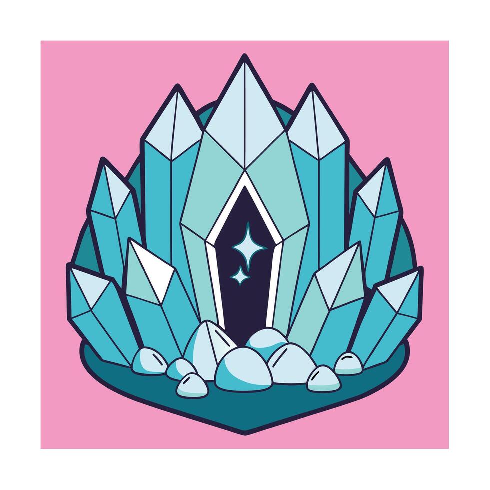 Colorful kawaii crystal cluster with sparkling center on pink background vector
