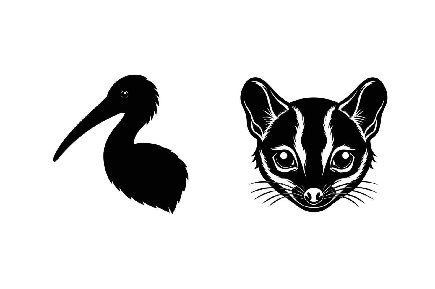 Australian Wildlife Silhouettes Ibis Bird and Possum Head vector