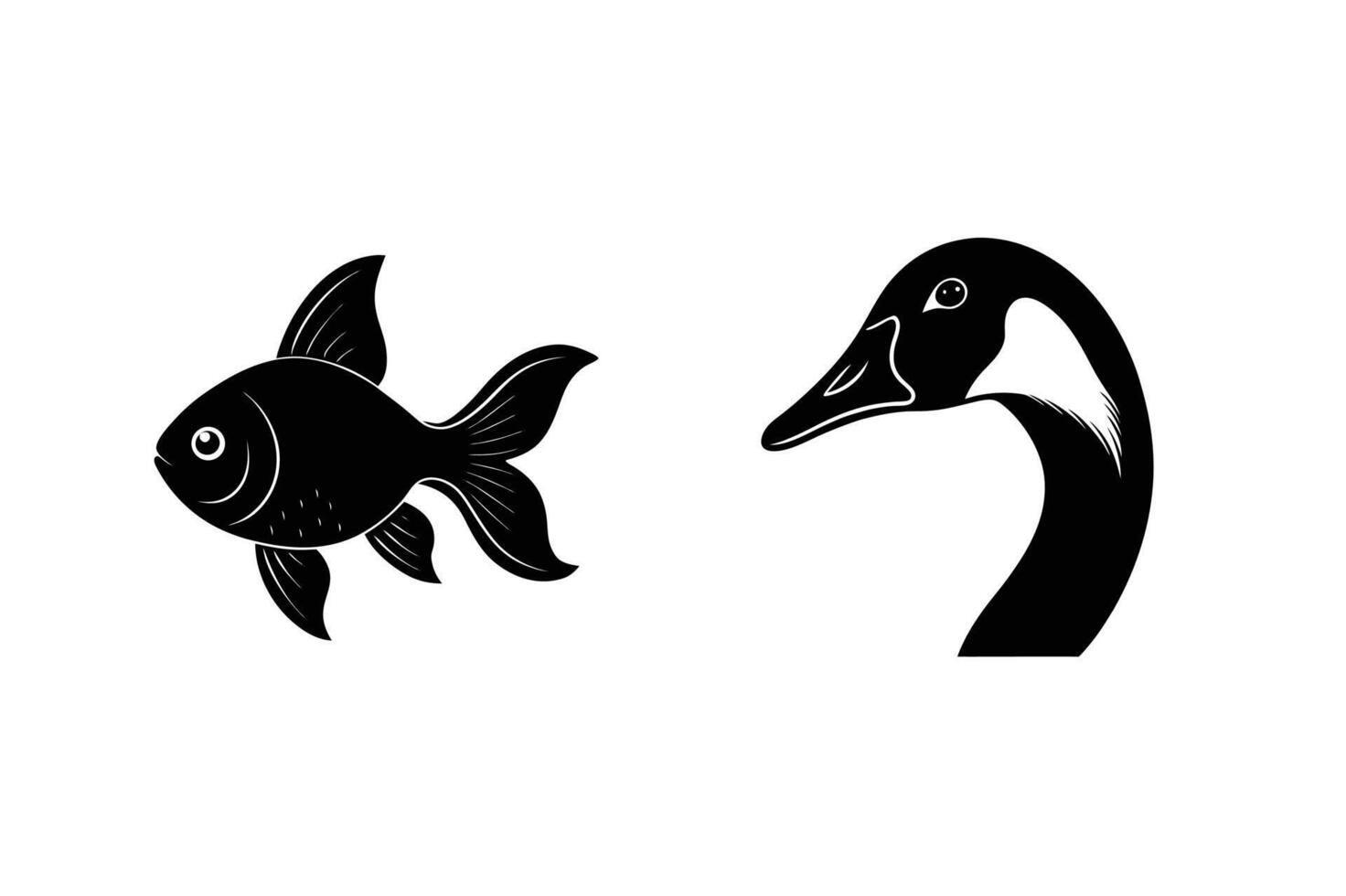 Black silhouettes of a goldfish and a goose neck isolated on white background vector