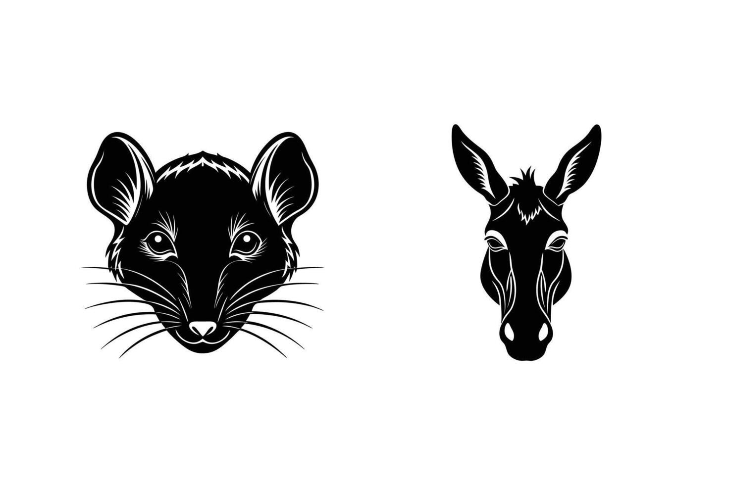 Rat and donkey head silhouette graphic illustration in black and white animal artwork vector