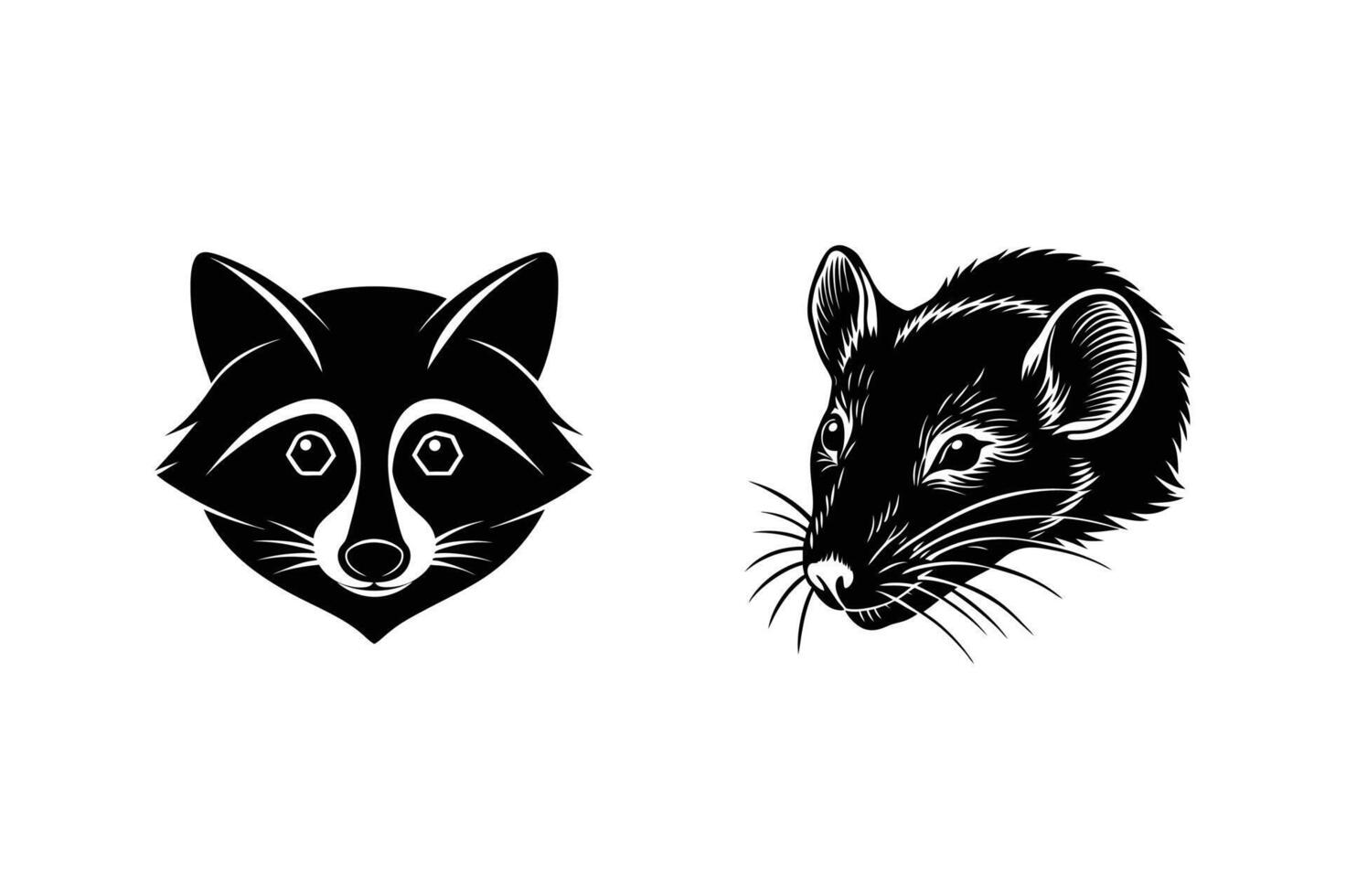 Black and white graphic featuring raccoon head and rat head isolated on white background vector