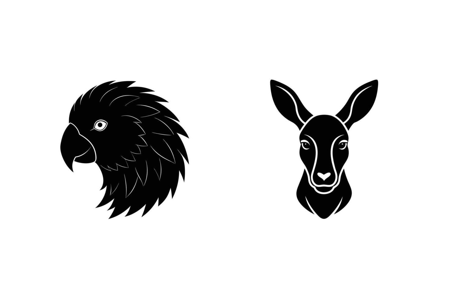 Black parrot and kangaroo heads elegant wildlife illustration isolated on white background beautiful animal graphics vector