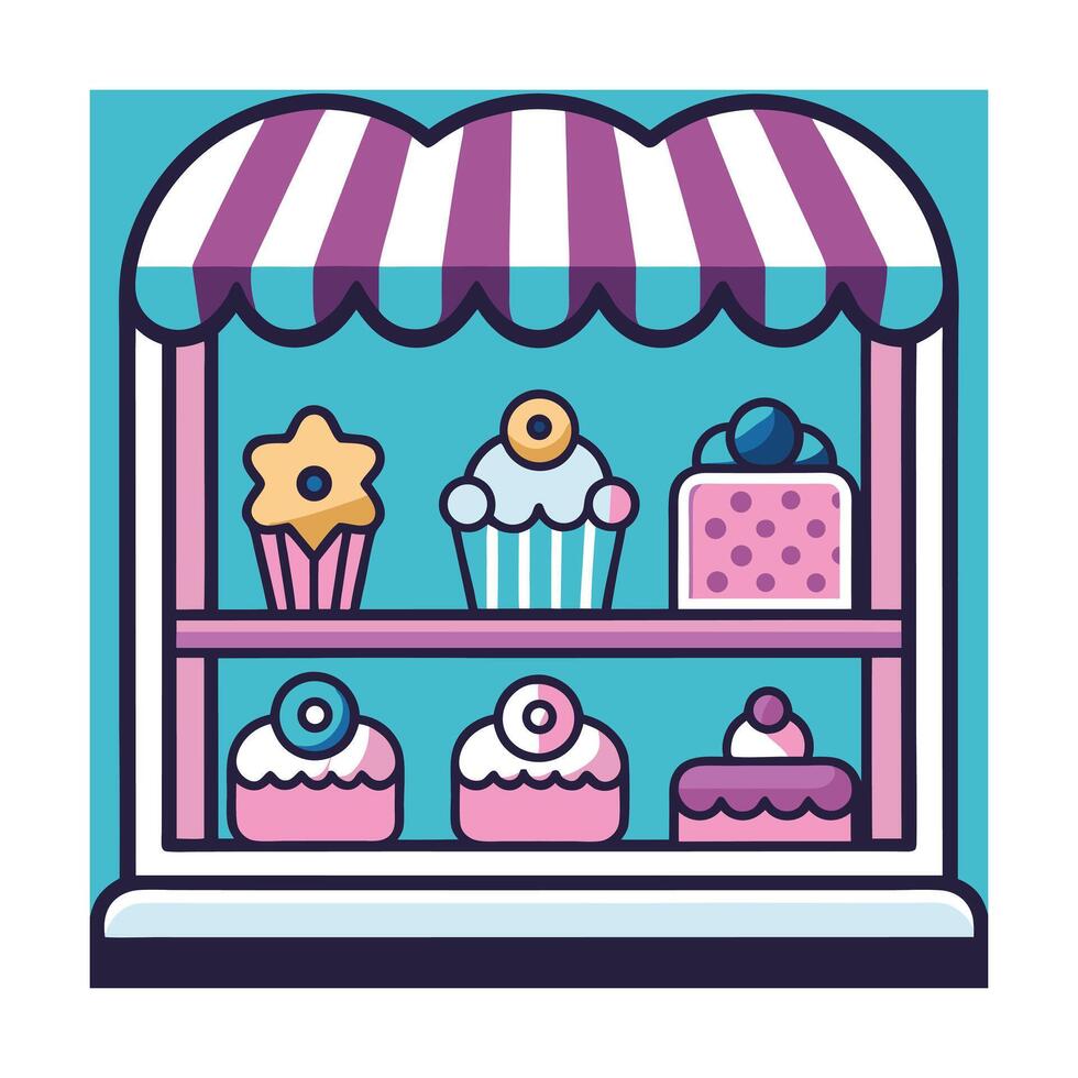 Sweet Shop Display Cupcakes, Cakes, Pastries, Bakery Stand vector