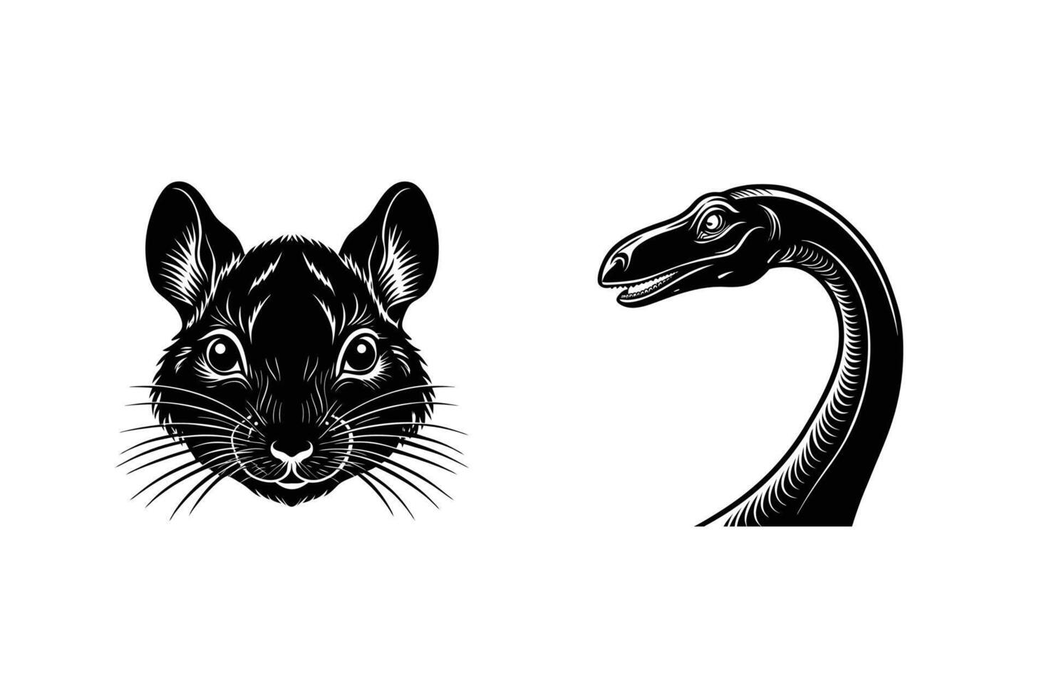 Illustration of a rat face and a plesiosaur in black and white graphic style vector