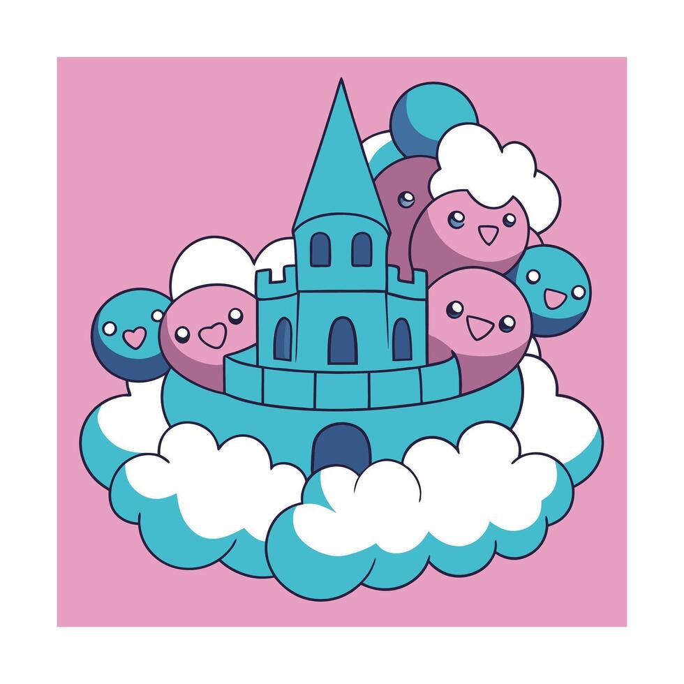 Cute kawaii castle on clouds with smiling cartoon faces illustration vector