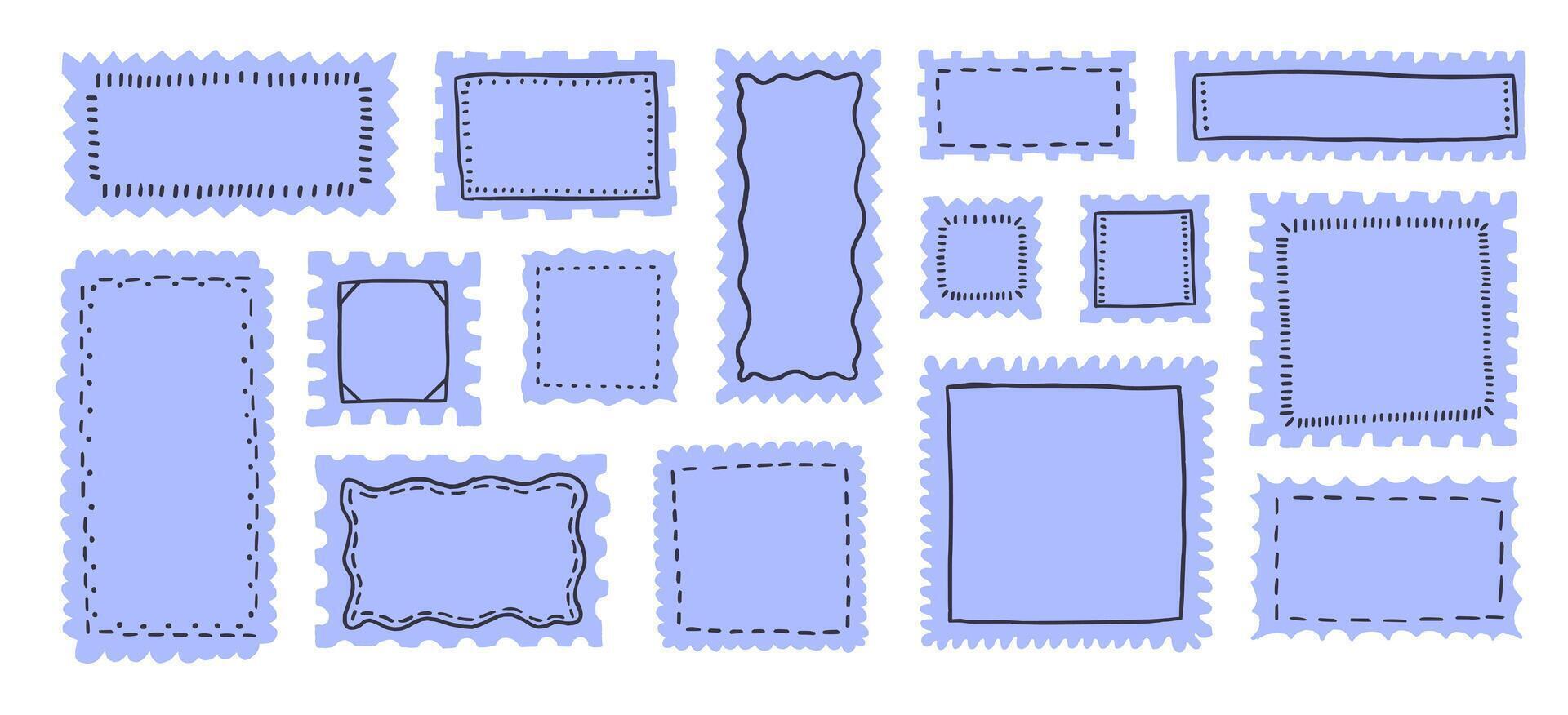 Postages with rectangle frames with wavy edges. Hand drawn stamp for social media decoration template. vector