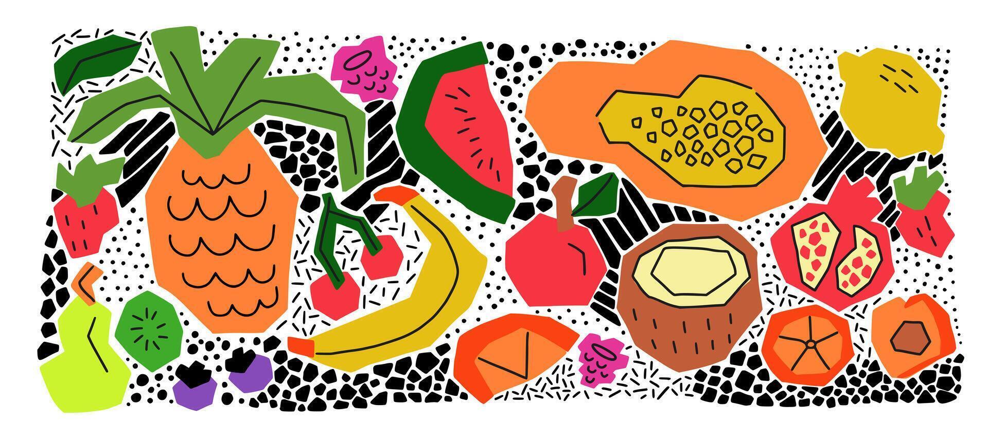 Set of abstract geometric tropical fruit in flat doodle style. Exotic background with pineapple, orange vector