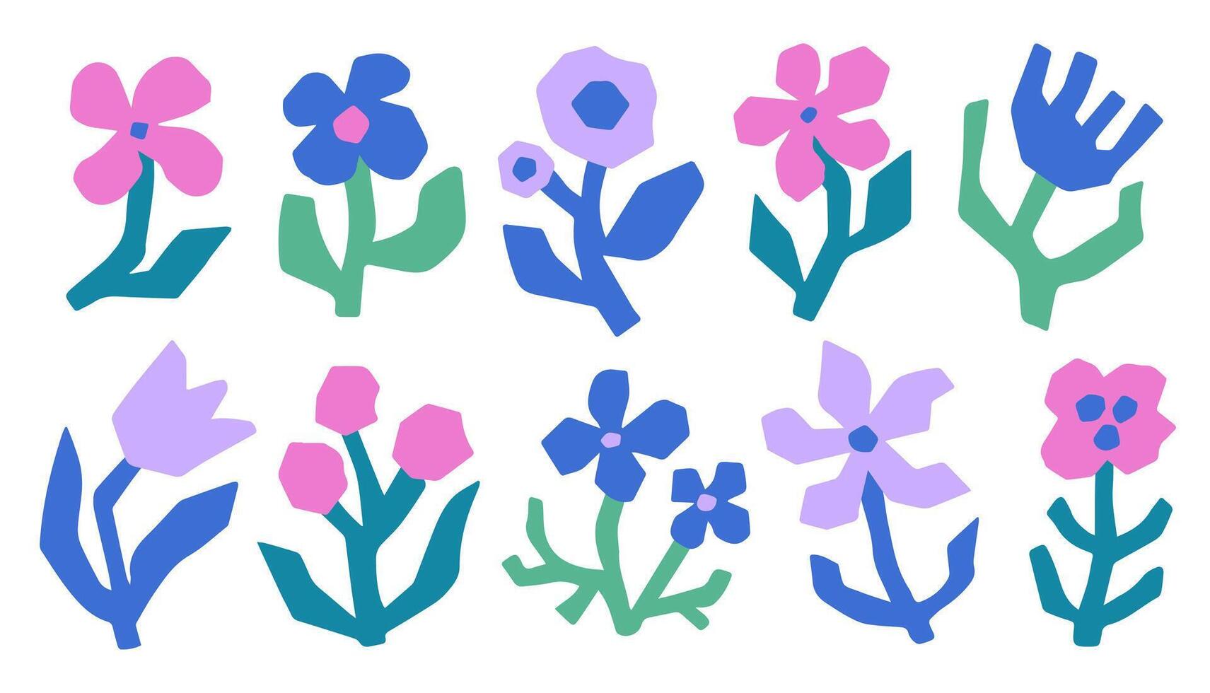 Set of abstract cut-our flowers in flat naive style. Simple doodle botanical elements. vector