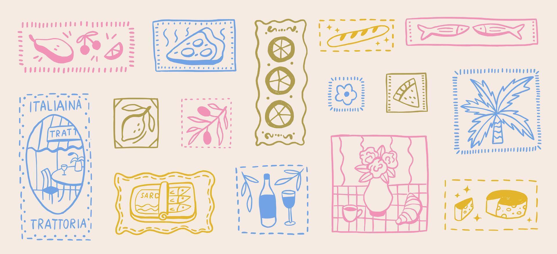 Set of postage with ink italian food and summer vibe in doodle outline style. Label with tropical fruits and fish. Travel stamp retro graphic vector