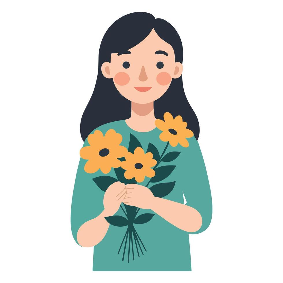A girl is standing with a flower in her hand, wearing a pastel color dress. vector