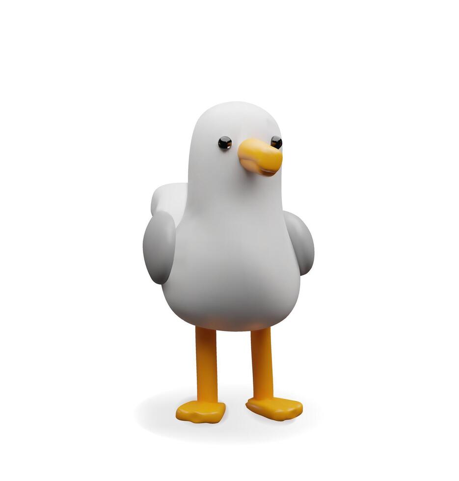 3d seagull left view. Three-dimensional illustration sea bird. Flying sea gull animal. Wildlife ocean character in the port. Atlantic mascot on the beach. Fauna in the ocean resort. vector