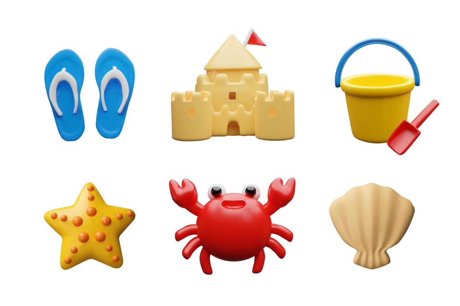 3d beach set. Three-dimensional collection. Crab, flip-flop, sand castle, shell, starfish, bucket and dig. Marin icons for vacation with kids. Leisure games on the coast near the sea vector