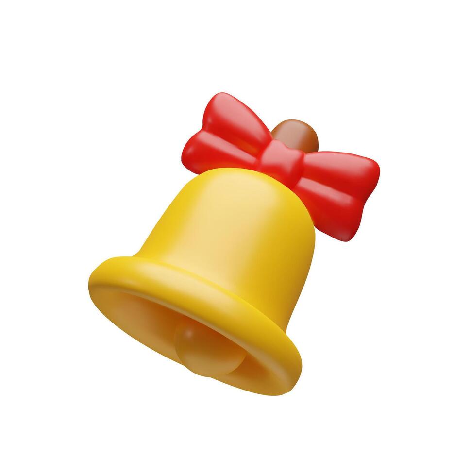 3d school bell. Three-dimensional illustration education object. Classic alarm symbol. Christmas ring with red bow. Alarm gold announcement element. Loud reminder in the class. Back to school vector