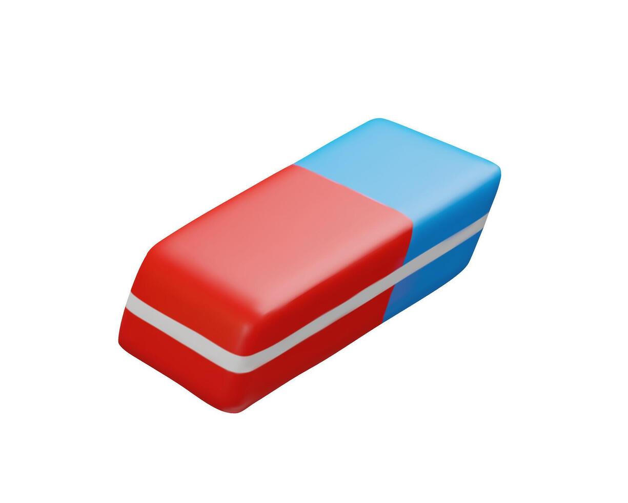 3d eraser. Three-dimensional illustration. Rubber tool at the school. Education equipment to correct mistakes. Office stationary object with pen. Remove wrong idea at work, class, university vector