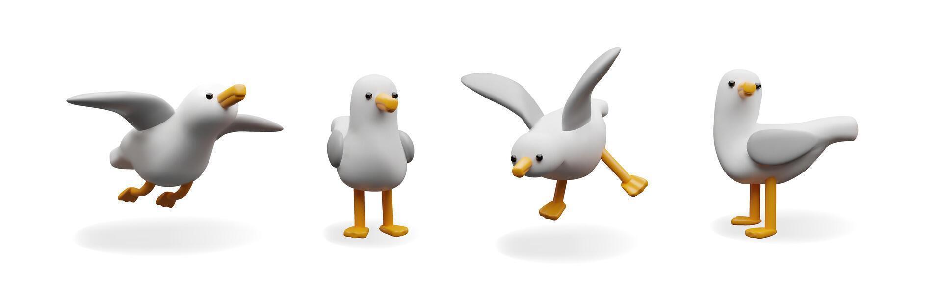 3d seagull set. Three-dimensional illustration collection sea bird. Flying sea gull animal. Wildlife ocean character in the port. Atlantic mascot on the beach. Fauna in the ocean resort. vector