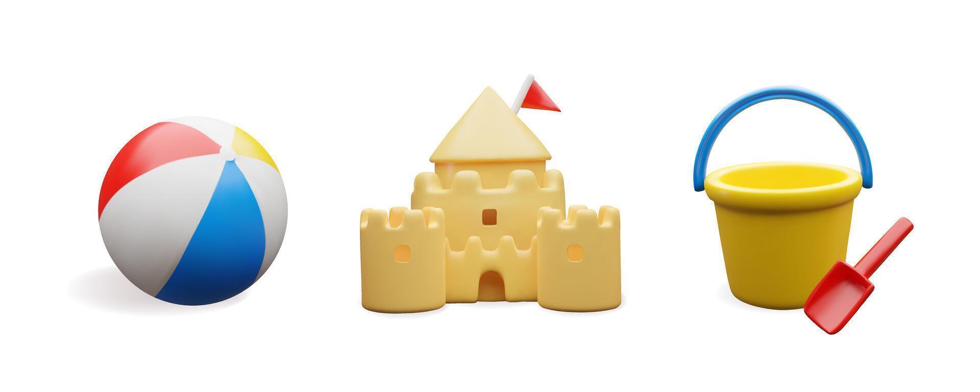 3d beach sand set. Three-dimensional collection illustration for sand leisure activity for kids. Ball, castle, bucket and shovel for child sea playing. Build, sculp, relax on the vacation. vector