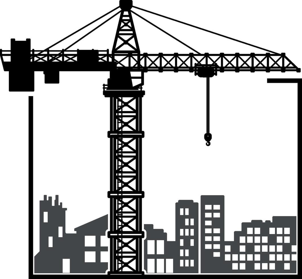 Black silhouette of a tower crane lifting a square frame, with stylized buildings and cityscape in the background. Isolated on transparent background. Ideal for construction or urban-themed projects. vector
