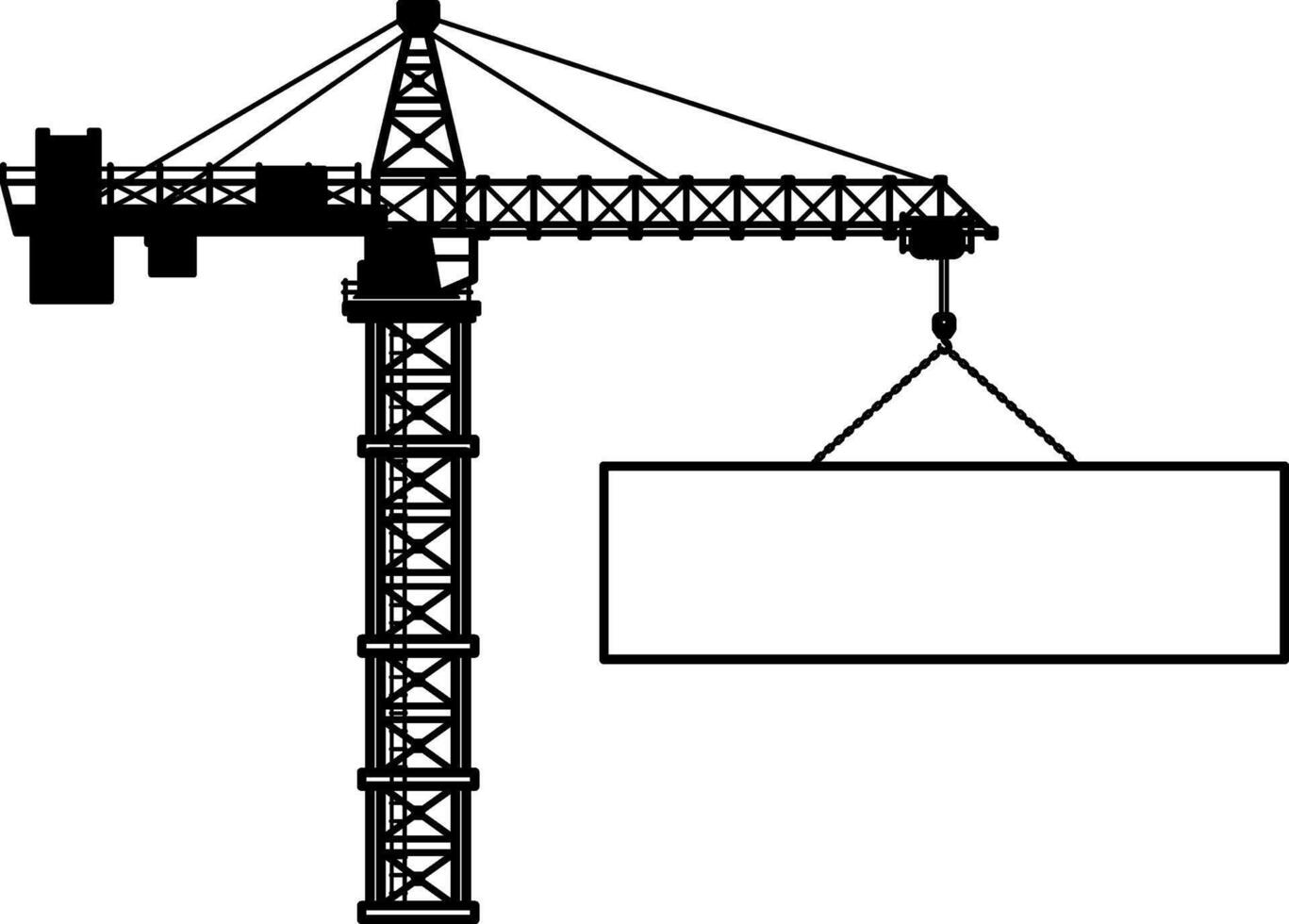 Black silhouette of a tower crane lifting a rectangular frame. Perfect for construction, engineering, or design template backgrounds. Isolated on transparent background. vector