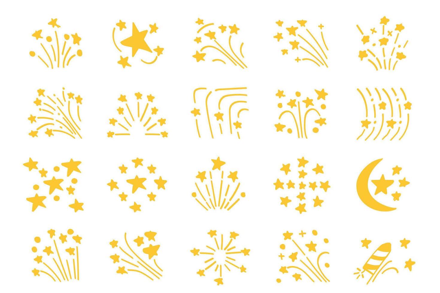 Yellow Doodle Hand-Drawn Fireworks with Stars Elements Collection vector