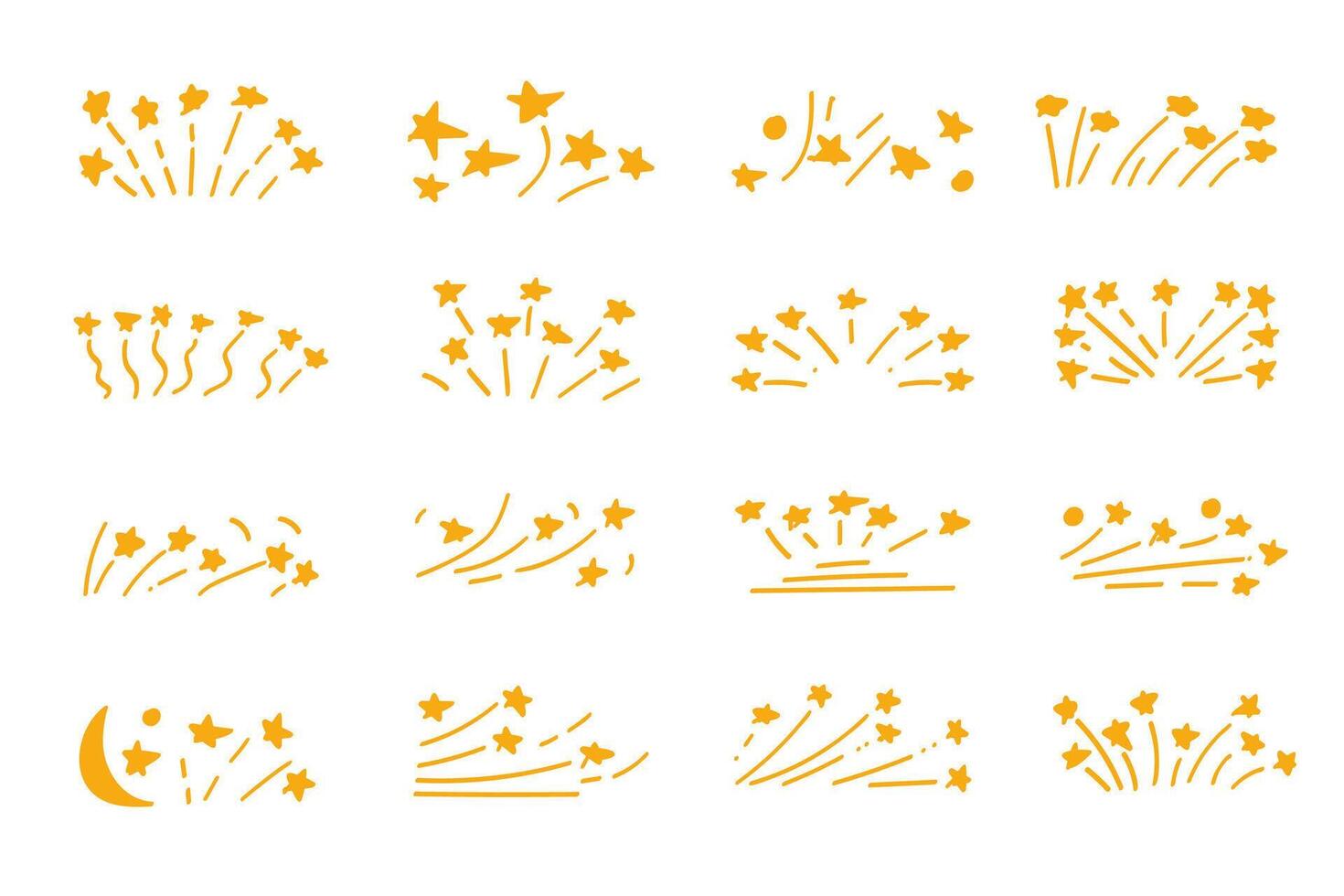 Yellow Doodle Hand Drawn Fireworks with Stars Elements Collection vector
