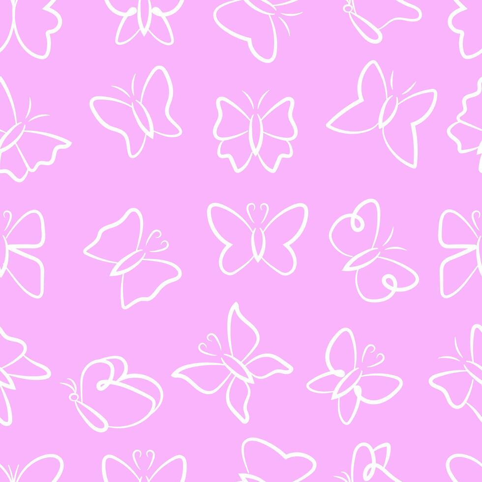 Seamless Butterfly Line Drawing Pattern isolated on pink background. vector