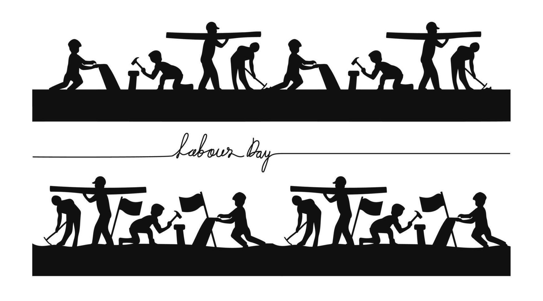 Labour Day Worker Silhouettes with Flag and Tools vector