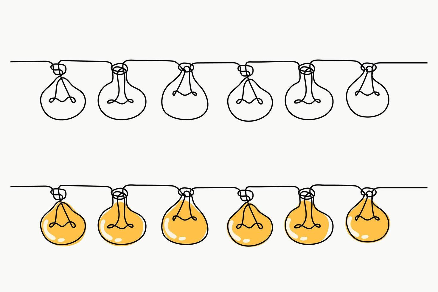 Yellow light bulb hanging continuous line art decoration. vector