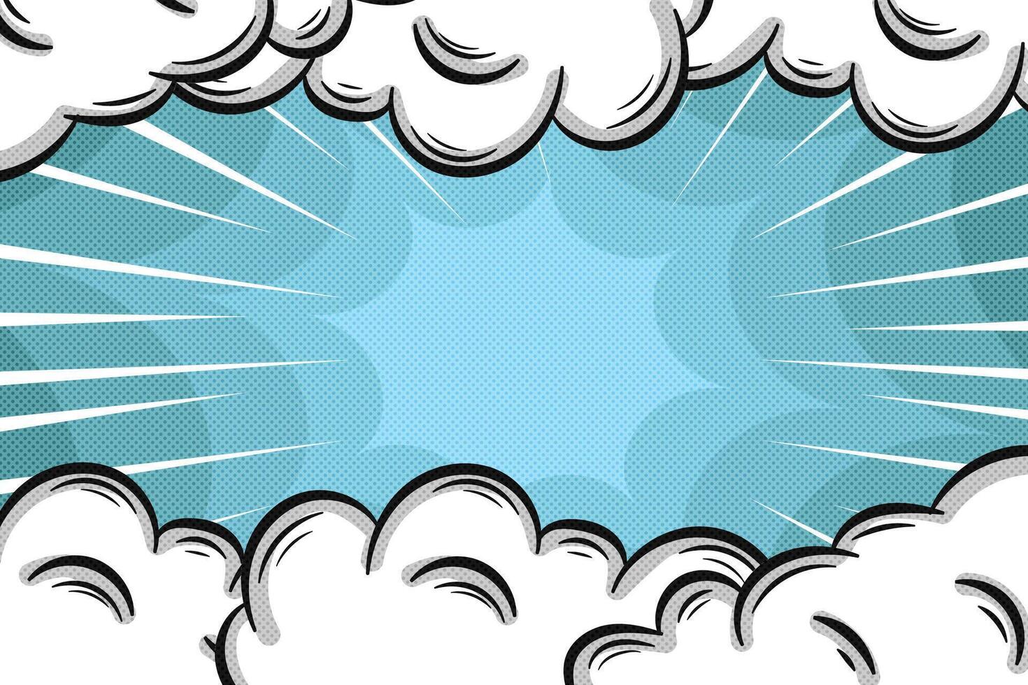 Comic Style Blue Background with Clouds and Starburst Doodle Illustration vector