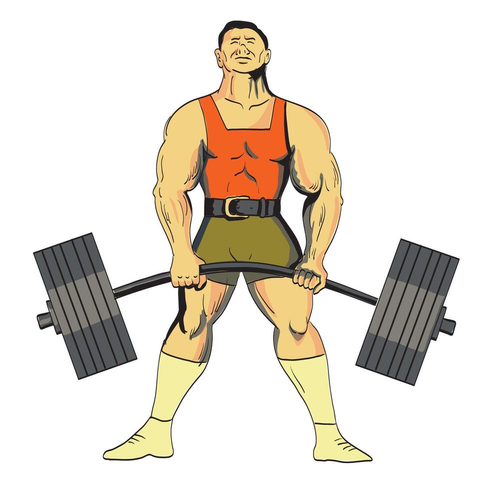 Powerlifter Performing Deadlift with Barbell Front View Retro Tattoo vector